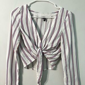 H&M White Striped Blouse w Front Knot